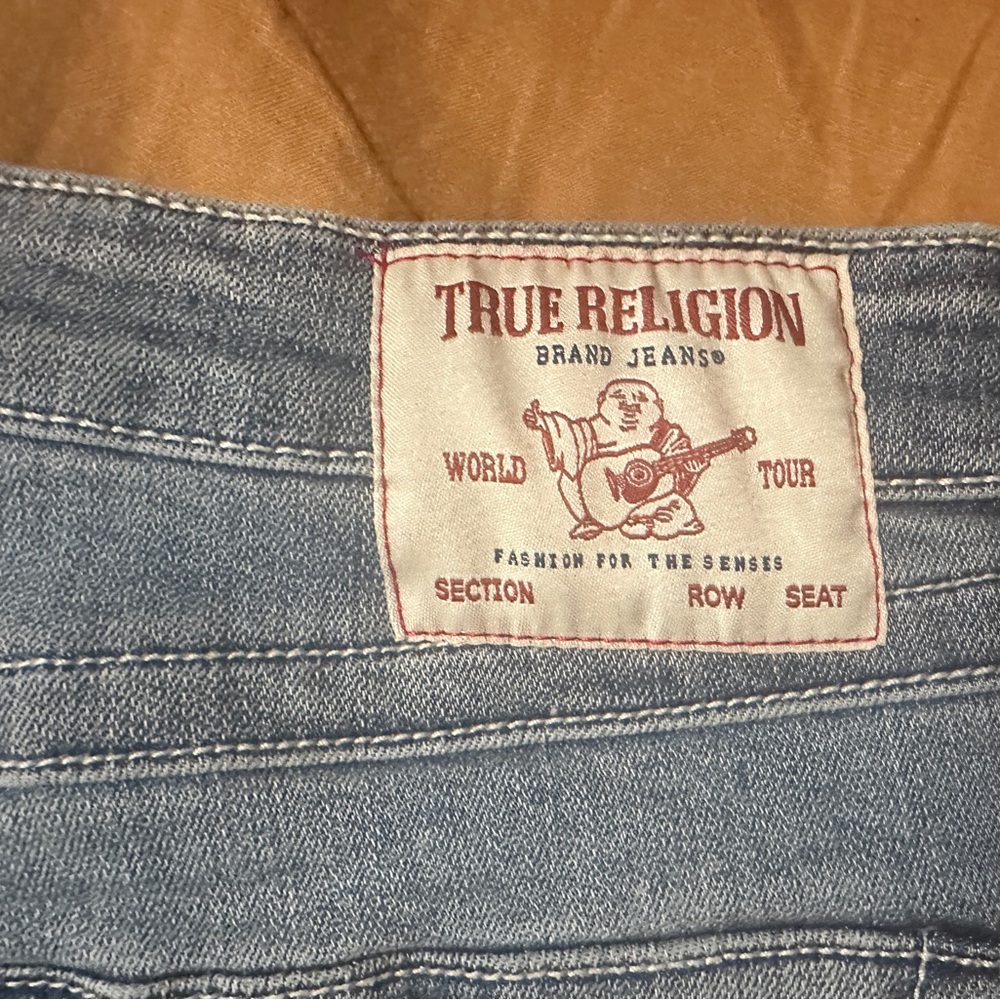 True Religion Blue Jean Shorts with Leather Patch